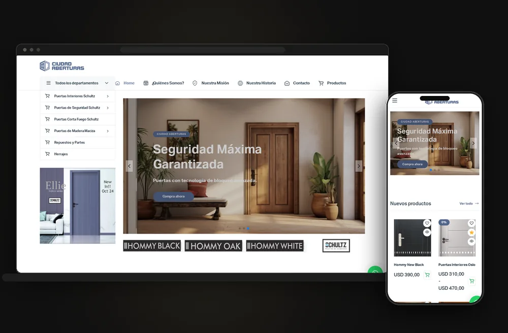 Mockup en portátil y móvil del sitio web Ciudad Aberturas