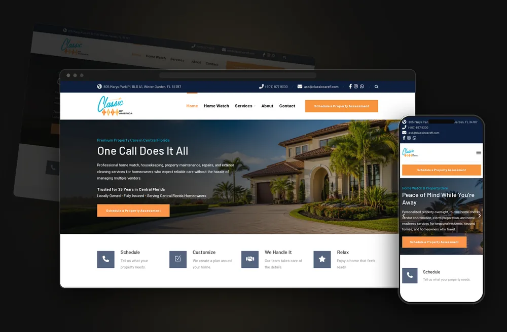 Mockup en pantallas flotantes del sitio web Classic Care of America