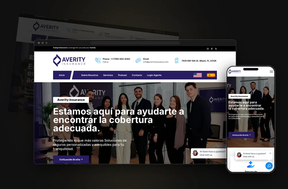 Mockup en pantallas flotantes del sitio web Averity Insurance