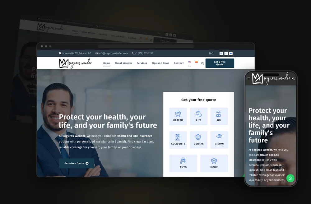 Mockup en pantallas flotantes del sitio web Seguros Wender