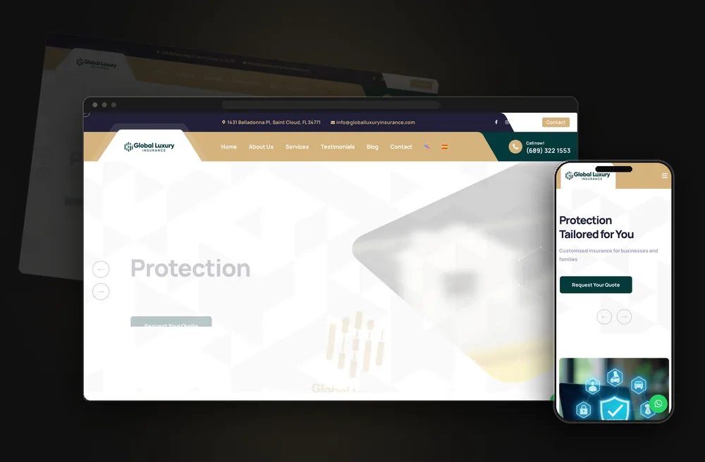 Mockup en pantallas flotantes del sitio web Global Luxury Insurance