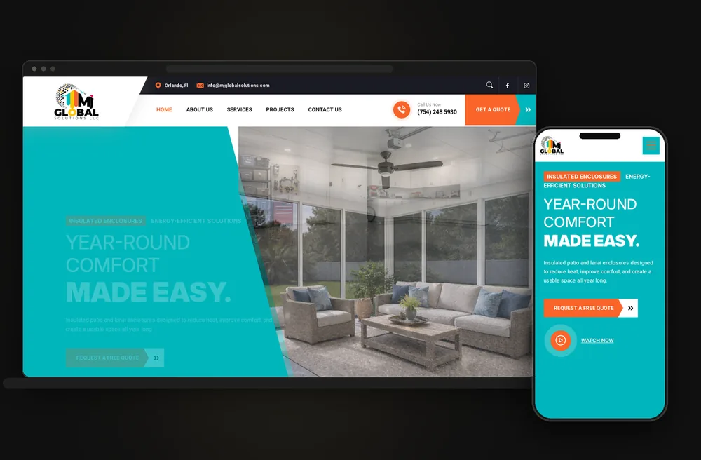 Mockup en portátil y móvil del sitio web MJ Global Solutions