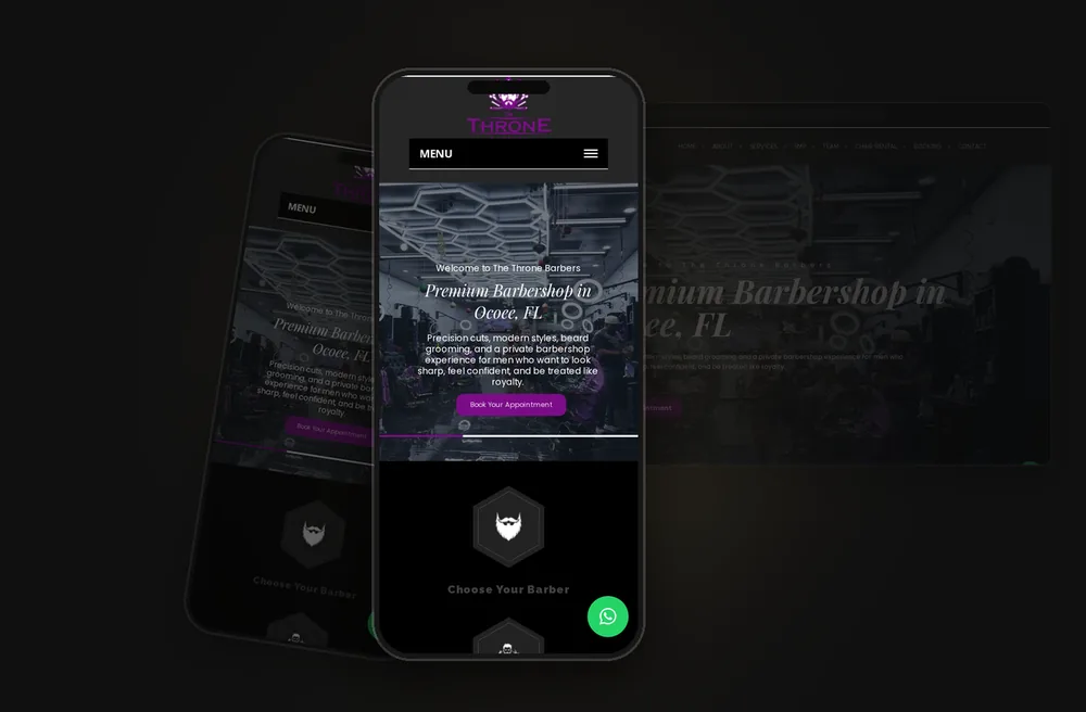 Mockup en móvil del sitio web The Throne Barbers